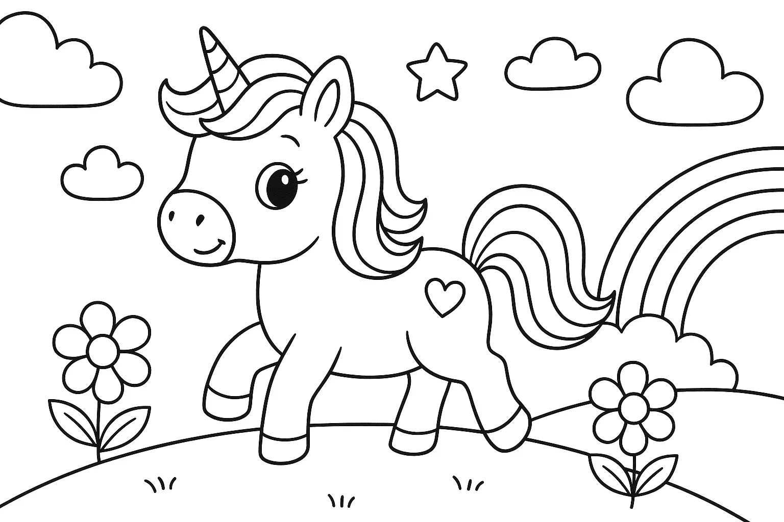 Sevimli Gökkuşağı ve Unicorn boyama sayfası
