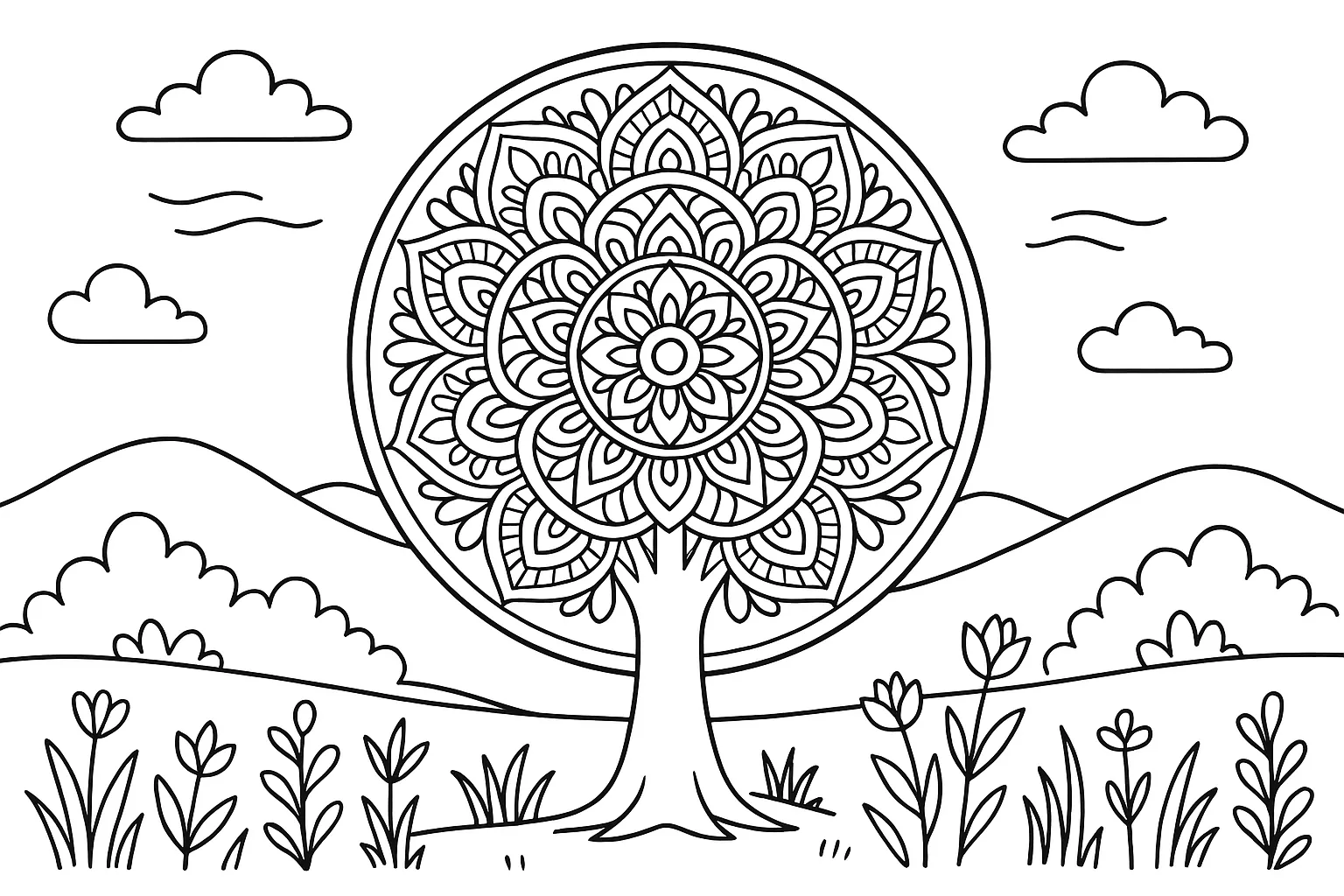 Ağaç Şeklinde Mandala boyama sayfası