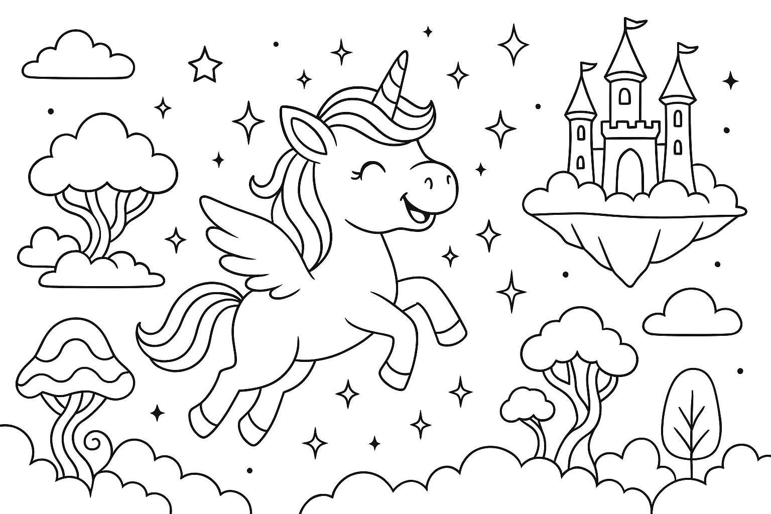 Harikalar Diyarında Mutlu Unicorn boyama sayfası